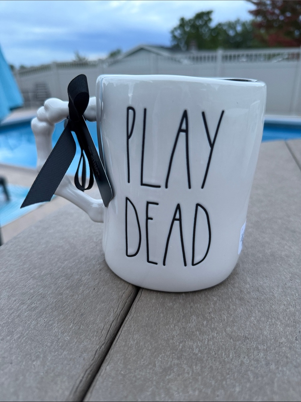 Rae Dunn White "Play Dead" Ceramic Mug with Black Ribbon